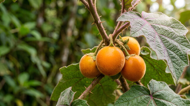 Ripening lulo fruit clusters growing on spiky branches in a plantation with naranjilla