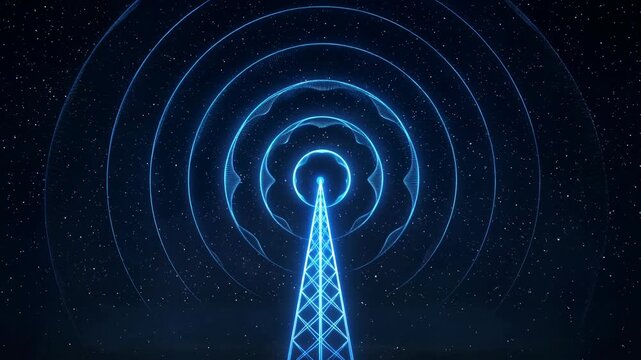 blue radio tower emitting wireless signals in a digital space
