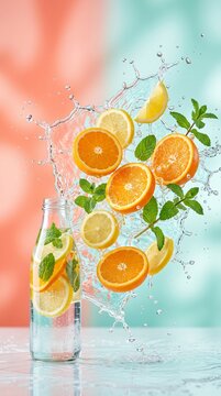 Fresh citrus mocktail with mint garnish in glass. Refreshing summer drink with sliced oranges and lemons on ice