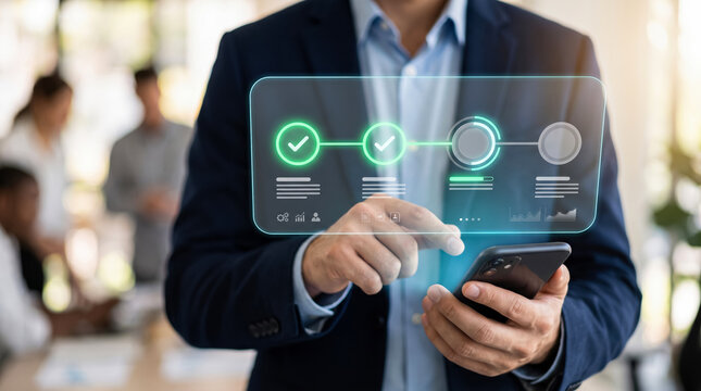 Professional using smartphone to interact with holographic business process optimization interface
