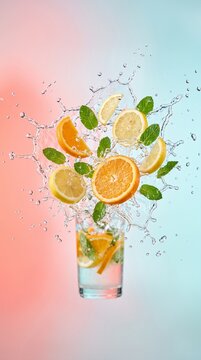 Refreshing citrus water in clear glass with lemon and lime slices. Cold infused fruit drink with mint leaves for healthy hydration and detox.