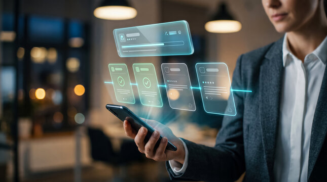 Professional using smartphone to project digital interface with mobile app screens for business presentation