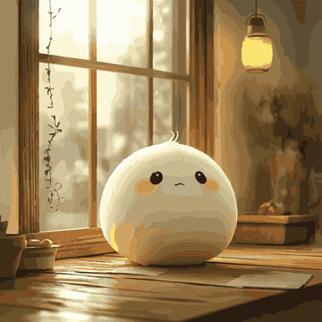 A cute, round character with big eyes sitting on a windowsill, surrounded by greenery and warm sunlight.