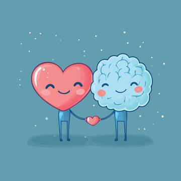 A cute illustration of a heart and brain holding hands, symbolizing the balance of emotion and intellect.
