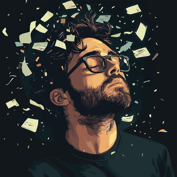 A contemplative man surrounded by floating ideas, representing creativity and inspiration amidst chaos.
