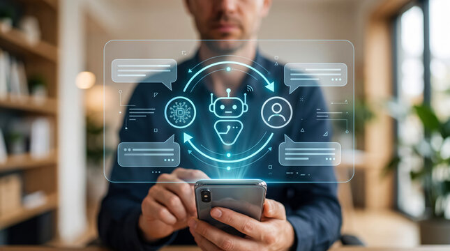 Professional using smartphone with AI chatbot interface connecting human and robot communication technology