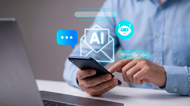 Professional using smartphone with AI-powered holographic communication icons floating above device