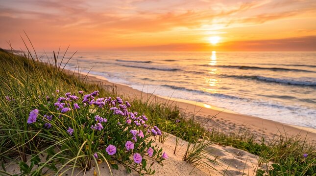 Vibrant beach sunset with wildflowers in foreground. Coastal landscape at golden hour with ocean waves and purple blooms.