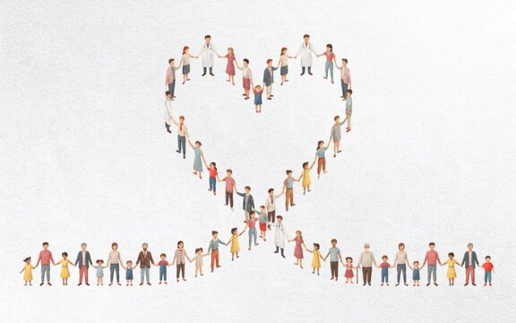 Diverse group of miniature people forming a large heart shape while holding hands in unity