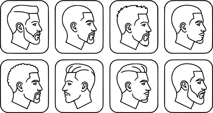Barbershop Men's Hairstyles and Beards Black and White Line Art Icons Set for Modern Grooming and Haircuts