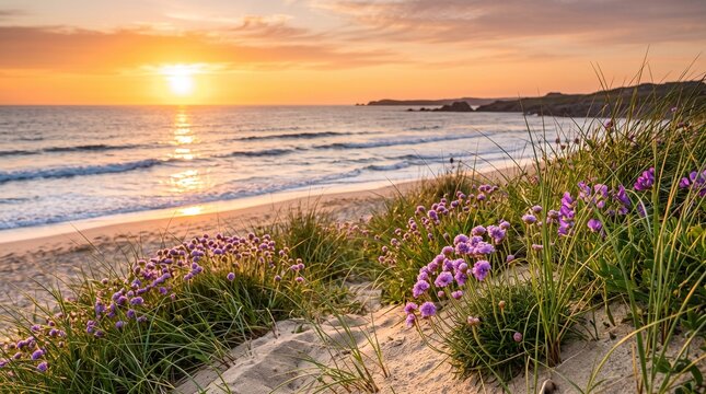 Golden beach sunset with wildflowers and ocean waves. Coastal dunes landscape at dusk with vibrant purple blooms and soft light