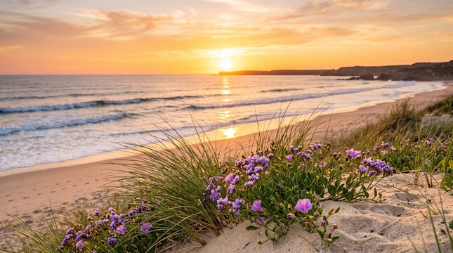 Golden beach sunset with wildflowers and ocean waves. Coastal dunes landscape at dusk with warm natural lighting