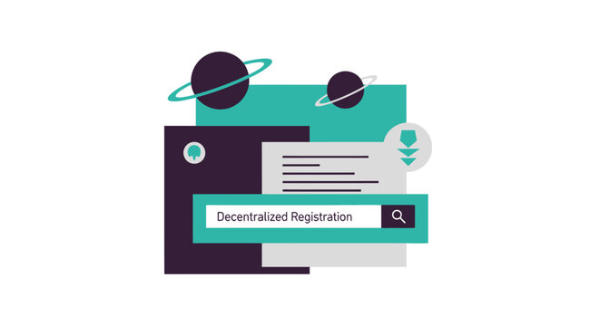 Modern Flat Illustration of Decentralized Registration Search Interface with Cosmic Planets for Web3 and Blockchain Technology