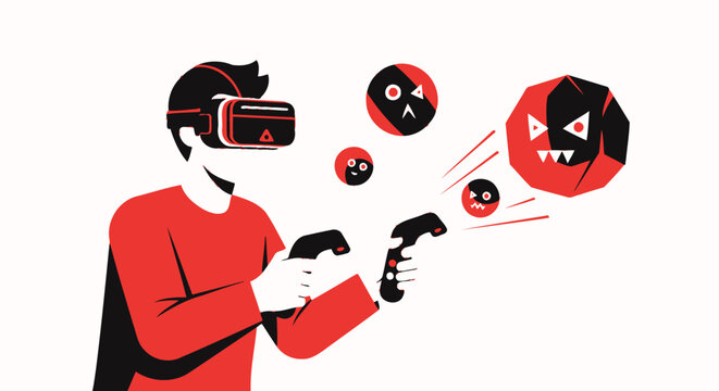Man Wearing VR Headset Playing Virtual Reality Game and Fighting Digital Monsters, Cyber Security and Gaming Technology Concept Illustration