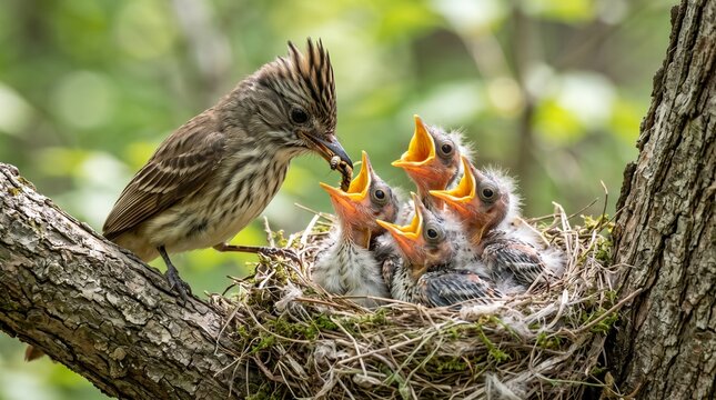 Mother bird feeding hungry baby chicks in nest. Parent robin nurturing fledglings with worms on tree branch.