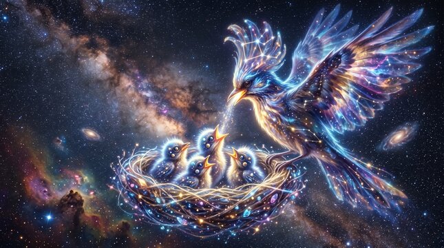 Celestial bird feeding glowing star chicks in cosmic nebula. Ethereal space eagle nurturing luminous newborns with stardust energy