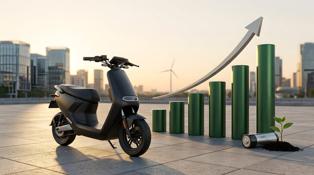 Electric scooter market growth concept with rising green bar chart arrow and battery plant signifying sustainable business investment