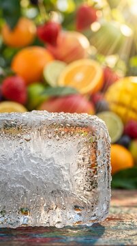 Close-up of melting ice cube with condensation. Frozen water droplet texture for refreshing beverage concept.