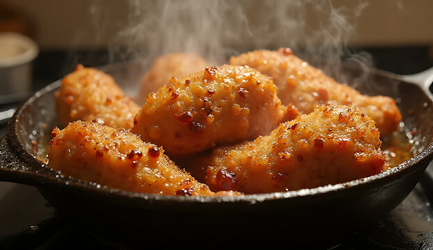 Golden fried chicken wings served in cast iron skillet. Crispy breaded poultry appetizer with savory seasoning glaze.