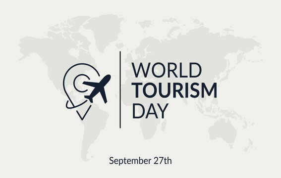 World Tourism Day illustration featuring a stylized airplane and location pin icon over a world map background, celebrating global travel and tourism.