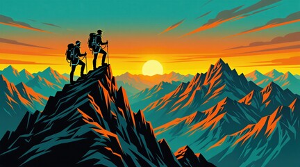 Fototapeta premium Two mountaineers stand on rocky mountain peak at golden sunrise. People wearing backpacks use poles for hiking adventure. Silhouette of team reaches summit of snowy hill together. Climbers enjoy
