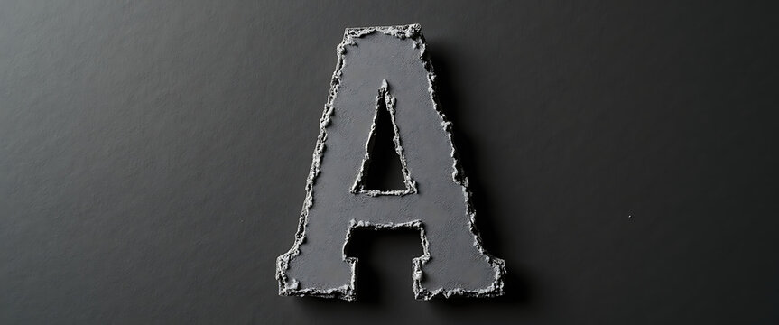 Gray letter A cutout on dark textured background with rough concrete edges and peeling paint abstract.