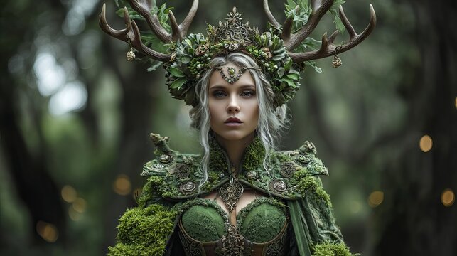 Majestic forest queen wearing an intricate antler crown and mossy green floral fantasy armor attire