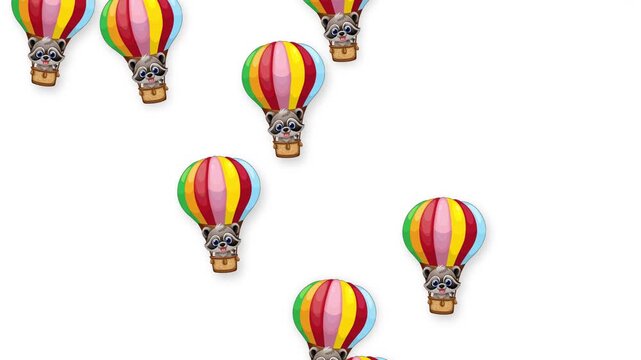 Animated Raccoon Characters Falling in Colorful Hot Air Balloons