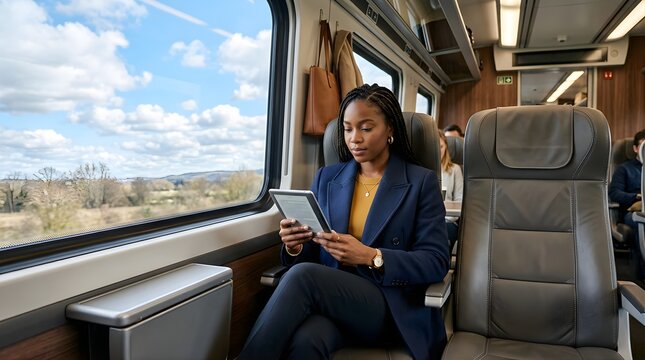 Black businesswoman reading a digital e-reader while traveling by train