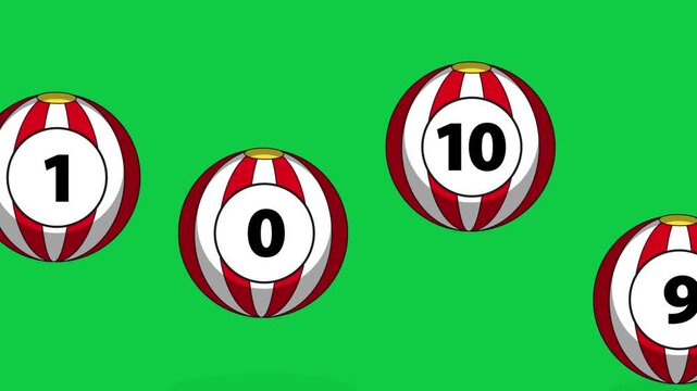 Numbered Red and White Striped Balls Bouncing on Green Background