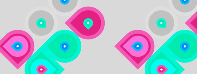 Fototapeta premium Geometric shapes repeat. Pink, turquoise, blue circles overlap gray background. Modern design, simple pattern, bright colors present.