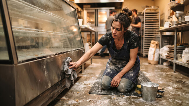Dedicated Female Baker Cleaning Glass Display Case in Bakery Kitchen
