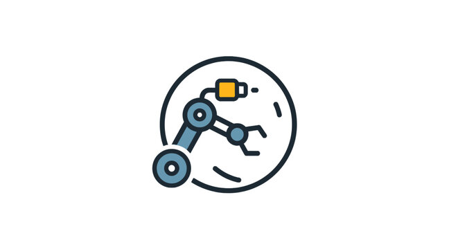 Industrial robotic arm automation manufacturing circle icon.