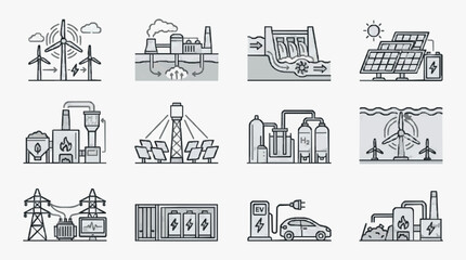 Obraz premium Dynamic Illustrated Guide to Various Renewable Energy Sources and Power Systems in Monochromatic Sketch Style