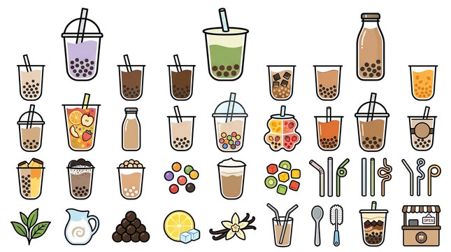 Bubble Tea Icons Variety Colorful Toppings and Ingredients