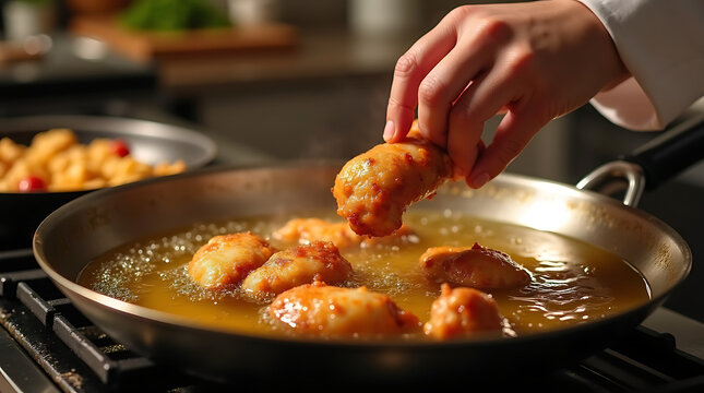 Chef cooking seafood stir fry in wok with wooden spatula. Professional chef preparing Asian cuisine with shrimp and vegetables in restaurant kitchen.