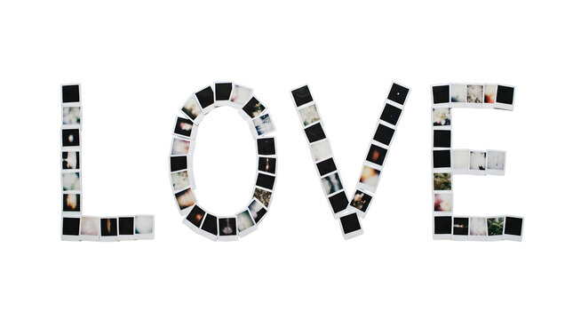  Love word made of instant photo frames on white background