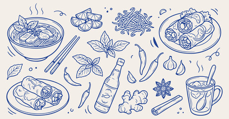 Traditional Thai food doodle background, southeast Asian line art pattern, spicy culinary sketch illustration, oriental kitchen seamless texture, tom yum icon set, pad thai elements wallpaper, exotic  © Geetaroy