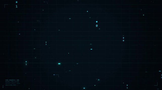 Digital grid with blue glitching data streams and futuristic interface elements, representing technology and cyber security