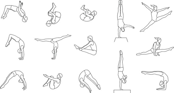 Continuous line drawing set of male and female gymnasts performing various acrobatic and athletic poses
