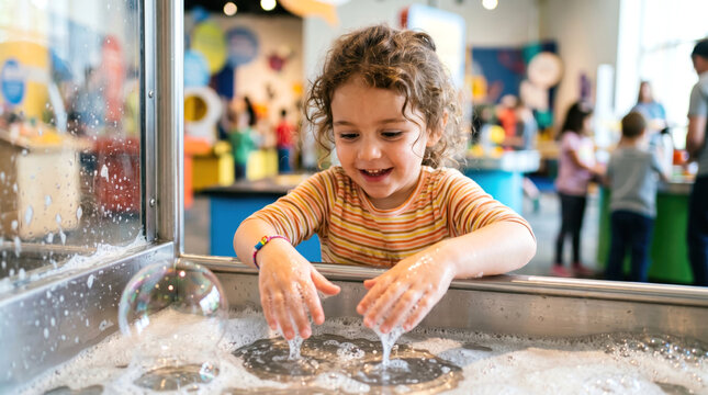 Happy Little Girl Playing with Soap Bubbles at Science Museum