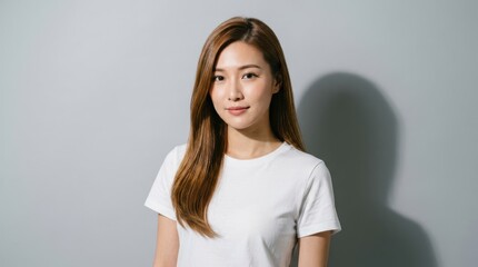 Fototapeta premium Portrait of a young asian woman with long brown hair in a white tshirt