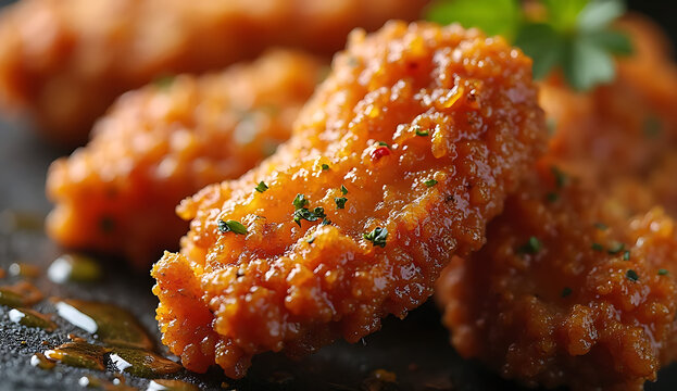 Golden fried chicken nuggets with crispy breading. Bite-sized poultry snacks served hot and ready to eat.