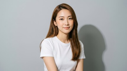 Fototapeta premium Portrait of a young asian woman with long brown hair in a white tshirt