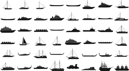 Boat and Ship Silhouette Icon Set with Yacht Canoe Cargo and Sailing Vessel Vector © MdMojammel