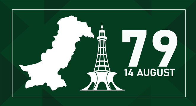 A green graphic illustration celebrating Pakistan's 79th Independence Day on August 14th with a map and Minar-e-Pakistan monument.