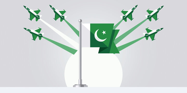 A green flag with a white crescent moon and star flying with fighter jets in the background