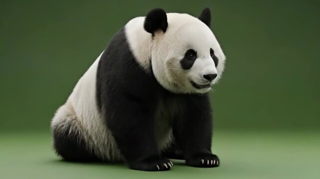 A majestic giant panda standing calmly against a solid muted green background