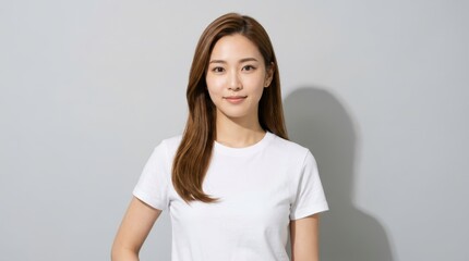Fototapeta premium Portrait of a young asian woman with long brown hair in a white tshirt