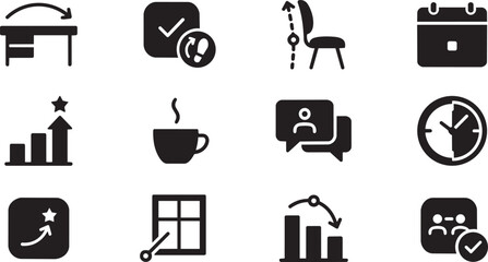 Fototapeta premium Black business icons, office symbols, 12 signs, vector graphics